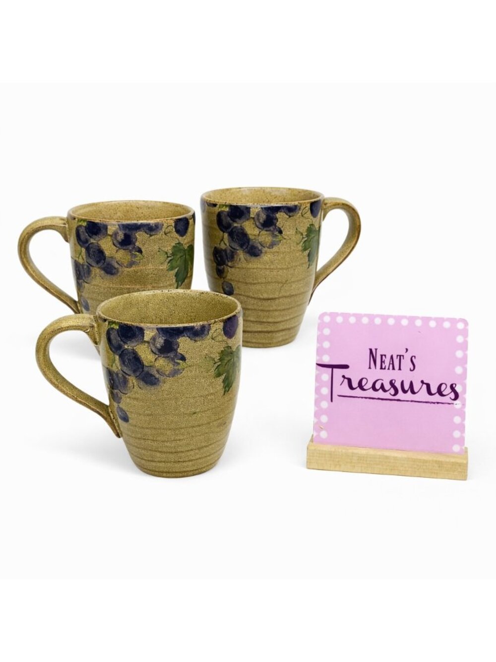222 Fifth GRAPEVINE KHAKI Purple Grapes Stoneware Brown Trim 12oz Cup Mug Set 3